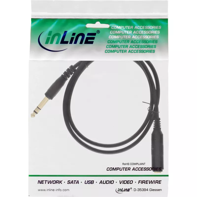 InLine hoofdtelefoon-verlengkabel 6,3mm stereo M/F, verguld, zwart, 3m
