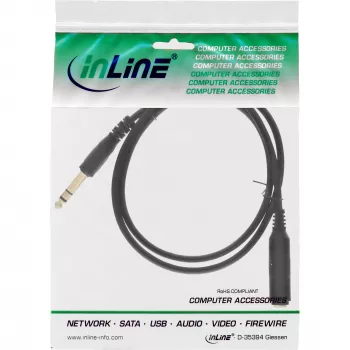 InLine hoofdtelefoon-verlengkabel 6,3 mm jack stereo stekker/bus, verguld, zwart, 5 m