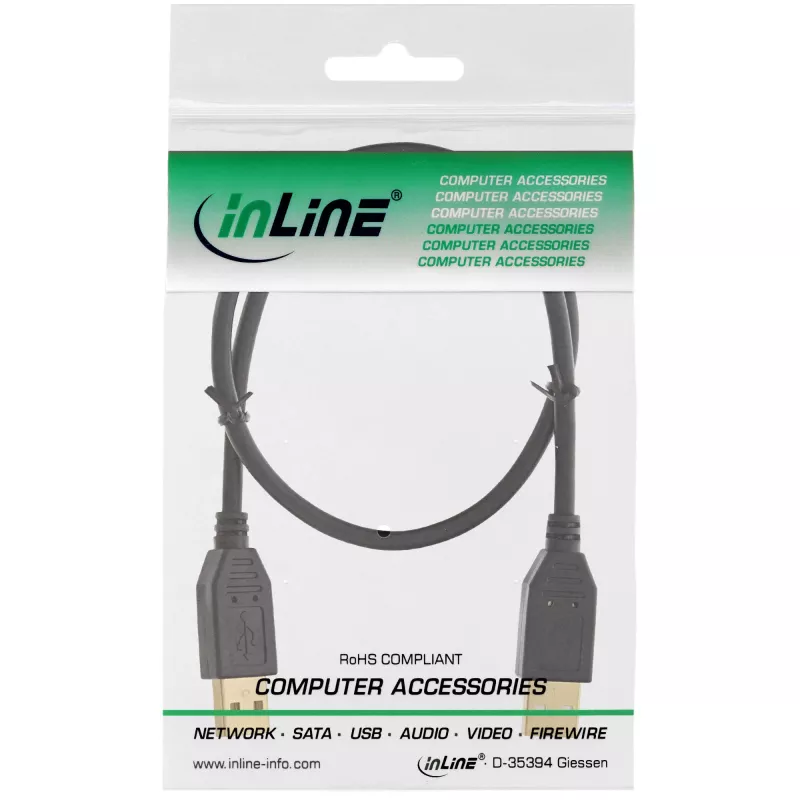 InLine USB 2.0 kabel, AM/AM, zwart, vergulde contacten, 3m