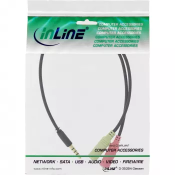 InLine audio headset-adapterkabel 3,5 mm stekker 4-polig / 2x 3,5 mm, zwart, 1 m