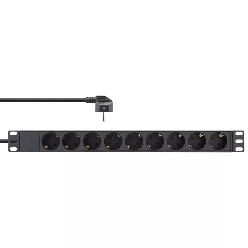 InLine 19 inch stekkerdoos, 9-voudig randaarde, zonder schakelaar, 2 m, zwart