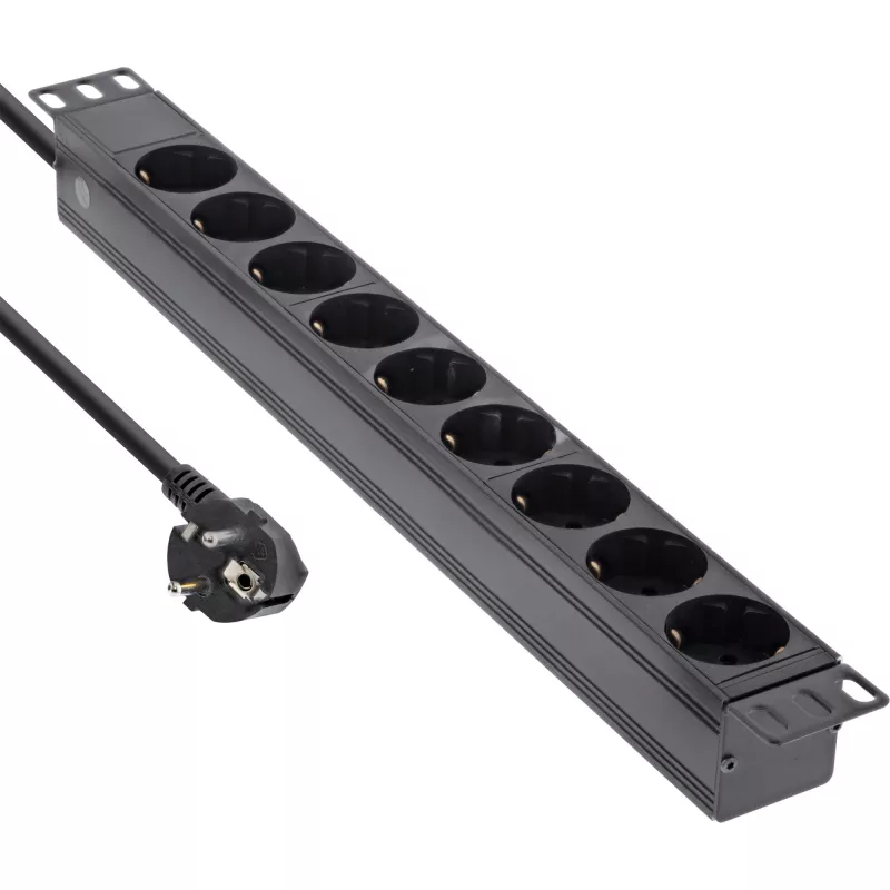 InLine 19 inch stekkerdoos, 9-voudig randaarde, zonder schakelaar, 2 m, zwart