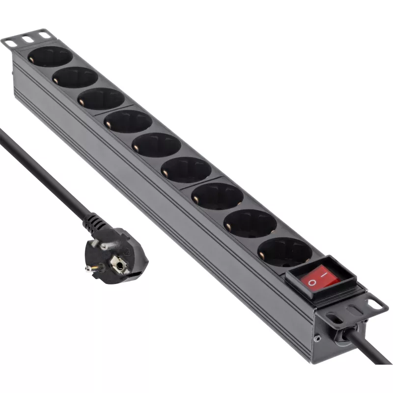 InLine 19 inch stekkerdoos, 9-voudig randaarde, met schakelaar, 2m, zwart