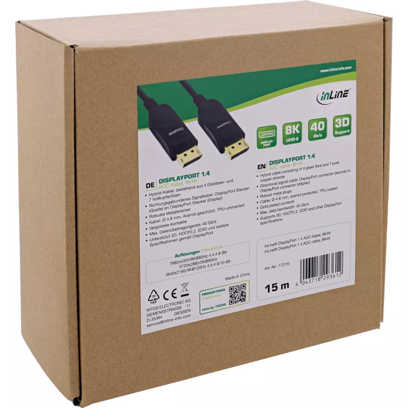 InLine DisplayPort 1.4 AOC-kabel, 8K4K, zwart, 15 m