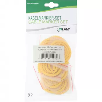 InLine kabelmarkering 3,0 mm tot 5,2 mm nr. 0-9 1000 stuks, geel, 3 mm, 98 g, 120 mm, 310 mm, 26 mm