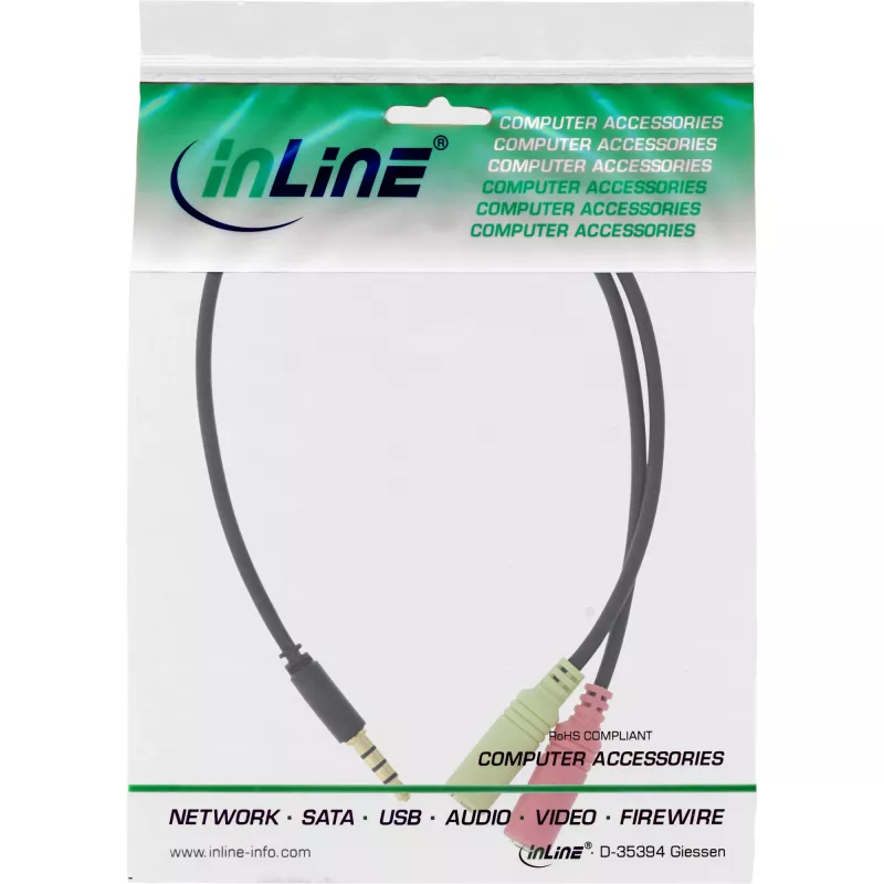 InLine audio-headset-adapterkabel 3,5 mm stekker 4-polig / 2x 3,5 mm, zwart, 0,15 m