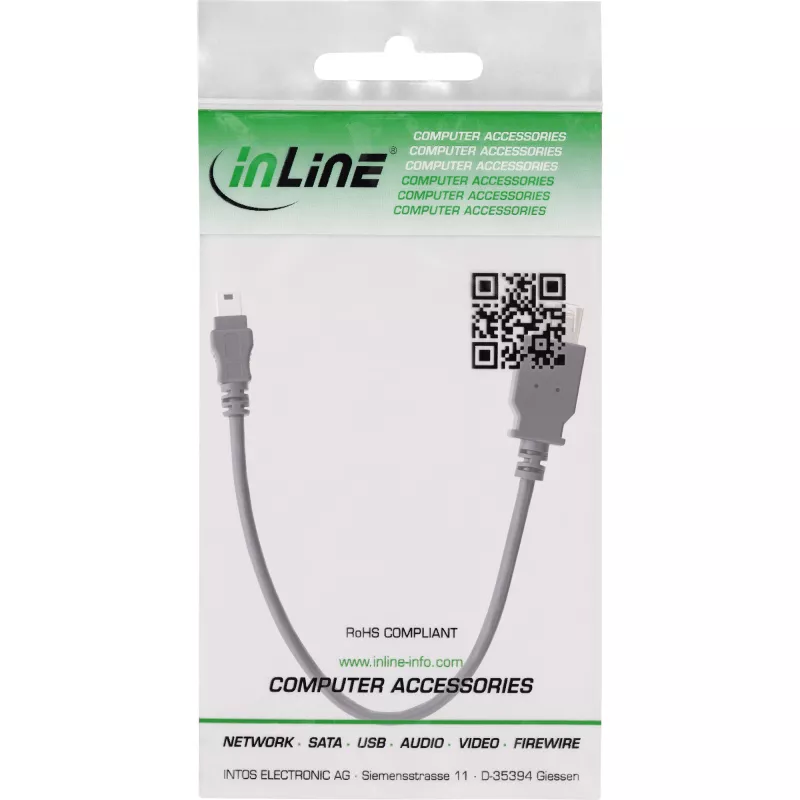 InLine USB 2.0-kabel, bus A / Mini-5-pin-stekker, 0,2 m, 0,2 m, Mini-USB B, USB A, USB 2.0, stekker/bus, zwart