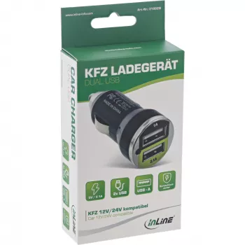 InLine USB-autolader + voeding voor elk USB-apparaat 12/24V naar 5V DC/2,1A