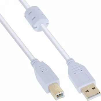 InLine USB 2.0-kabel Type-A stekker / Type-B stekker, verguld, met ferrietkern, wit, 10 m