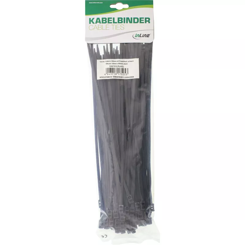 InLine monteerbare dubbelkop-kabelbinder 300 mm x 4,8 mm, nylon, zwart, 100 stuks