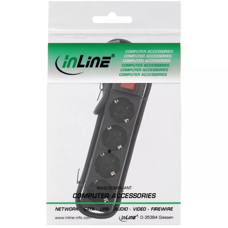 InLine stekkerdoos, 4-voudig randaarde CEE 7/3, met schakelaar, zwart, 1,5 m