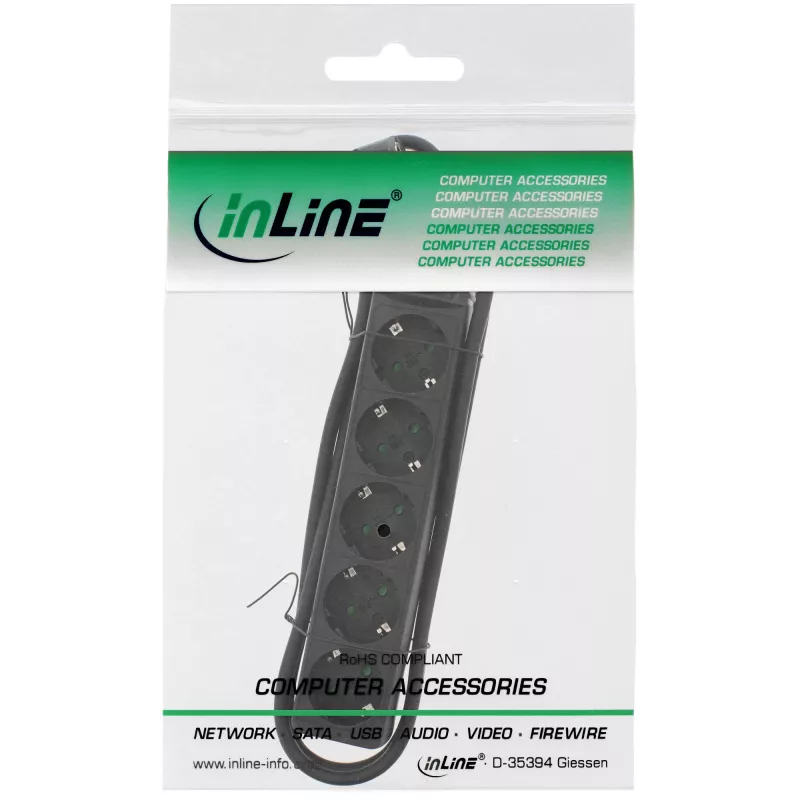 InLine stekkerdoos, 5-voudig randaarde CEE 7/3, zwart, 1,5 m