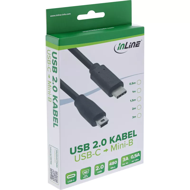 InLine USB 2.0-kabel, USB-C stekker / Mini-B stekker (5-pin), zwart, 0,5m