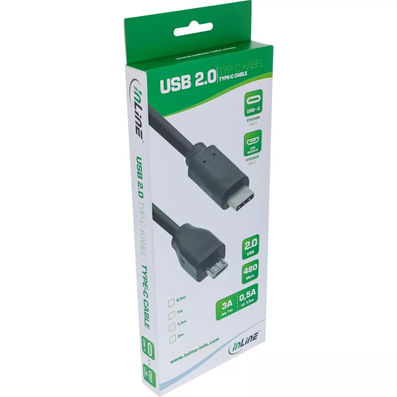 InLine USB 2.0-kabel, USB-C stekker / Micro-B stekker, zwart, 1m