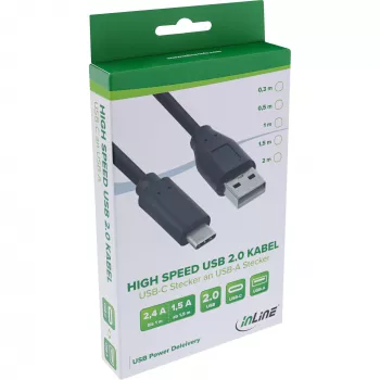 InLine USB 2.0-kabel, USB-C stekker / USB-A stekker, zwart, 1m