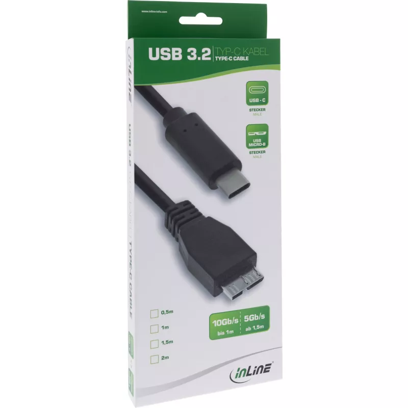 InLine USB 3.2 Gen.1x2-kabel, USB-C stekker / Micro-B stekker, zwart, 1,5m