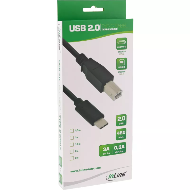 InLine USB 2.0-kabel, USB-C stekker / USB-B stekker, zwart, 5m