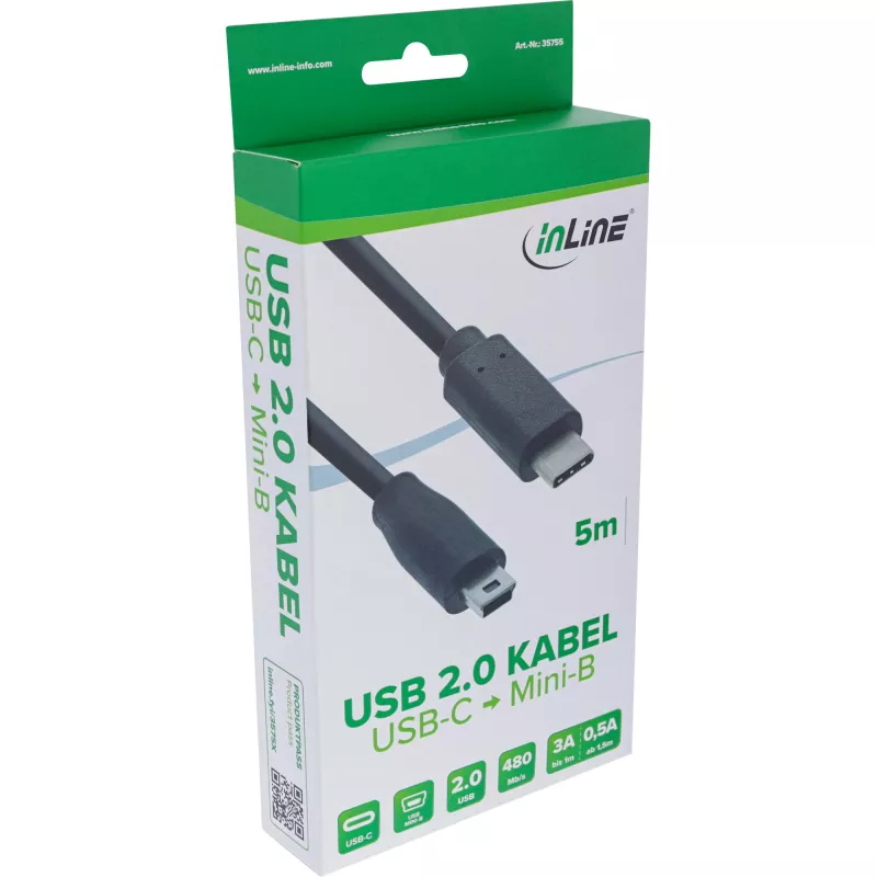 InLine USB 2.0-kabel, USB-C stekker / Mini-B stekker (5-pin), zwart, 5m
