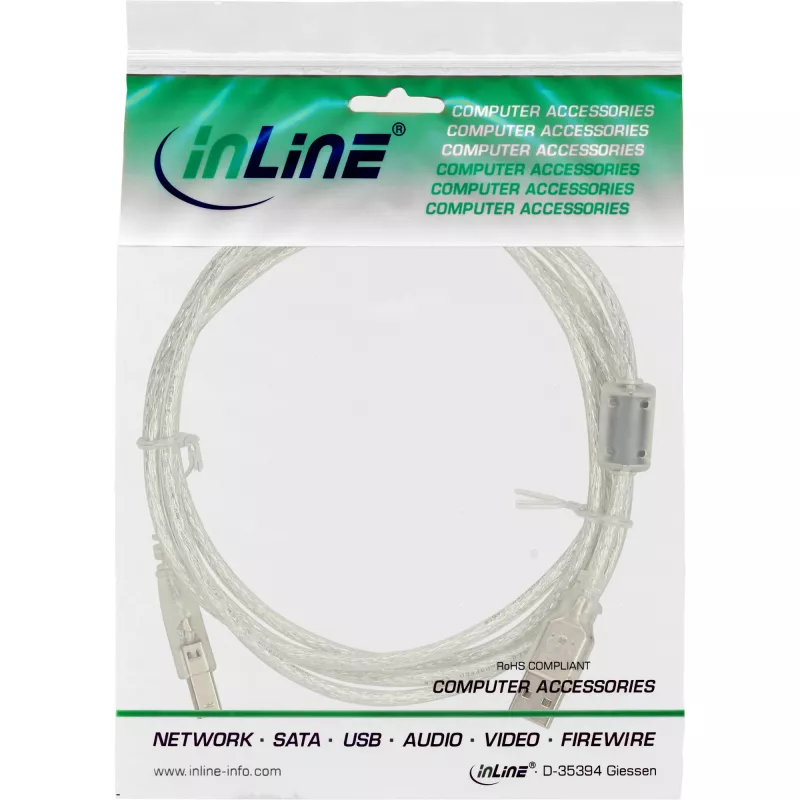 USB 2.0-kabel Type-A stekker / B stekker transparant ferrietkern 0,5 m InLine 34505