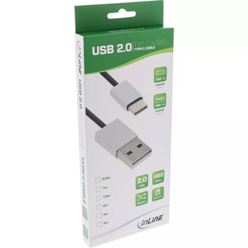InLine USB 2.0 kabel, USB-C stekker / USB-A stekker, zwart/alu, flexibel, 5m