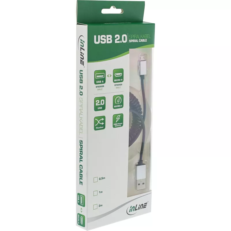 InLine Micro-USB 2.0 spiraalkabel, Type-A/Micro-B M/M, zwart/alu, flexibel 3 m
