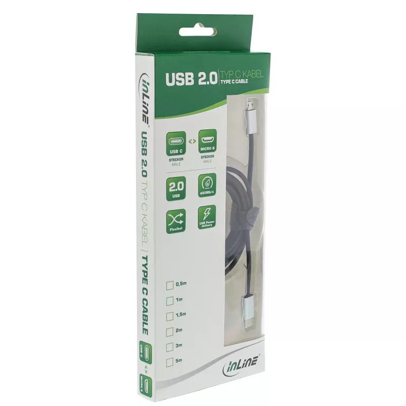 InLine USB 2.0 kabel, USB-C stekker / Micro-B stekker, zwart/alu, flexibel, 1,5 m