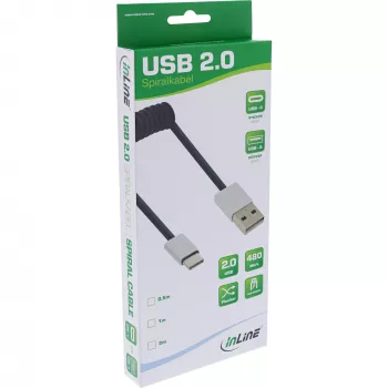 InLine USB 2.0 spiraalkabel, USB-C stekker / USB-A stekker, zwart/alu, flexibel, 1 m