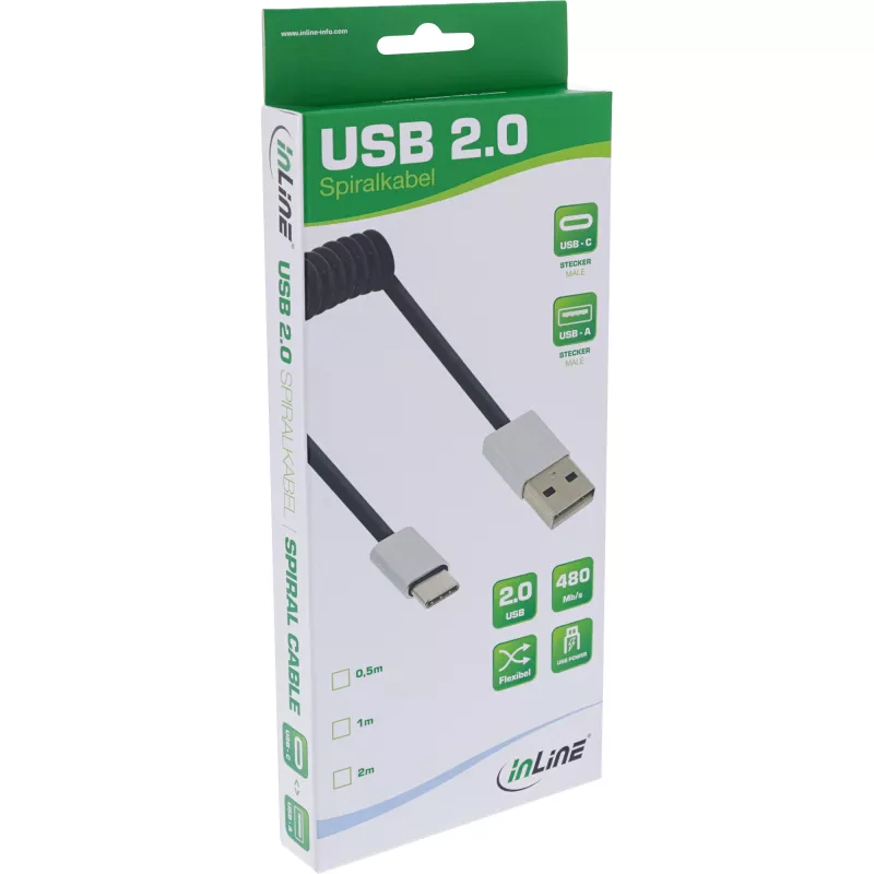 InLine USB 2.0 spiraalkabel, USB-C stekker / USB-A stekker, zwart/alu, flexibel, 1 m