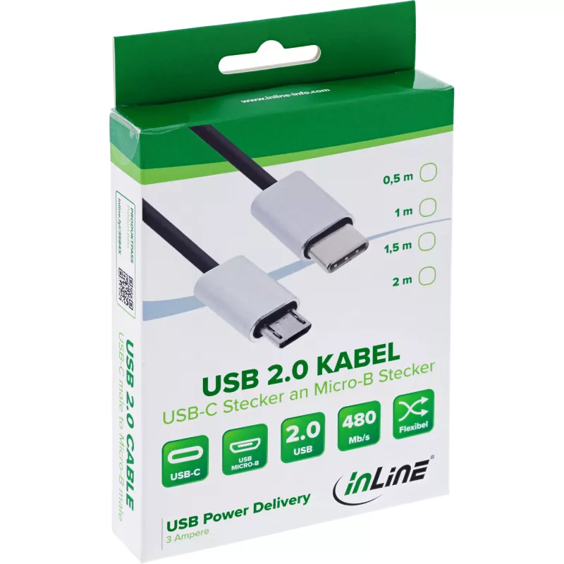 InLine USB 2.0 kabel, USB-C stekker / Micro-B stekker, zwart/alu, flexibel, 0,5m