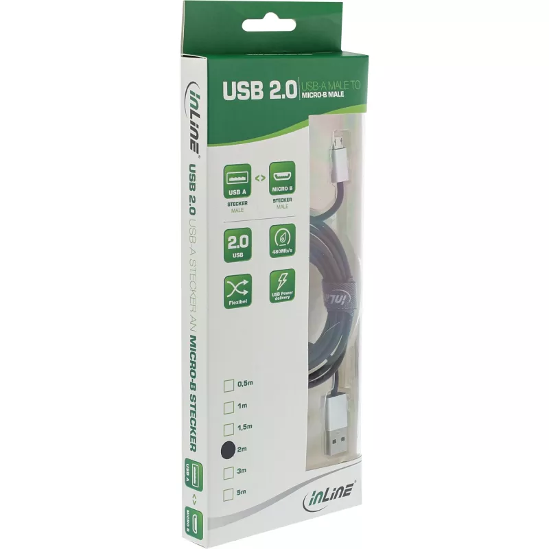 InLine Micro-USB 2.0 kabel, USB Type-A / Micro-B M/M, zwart/alu, flexibel, 2m