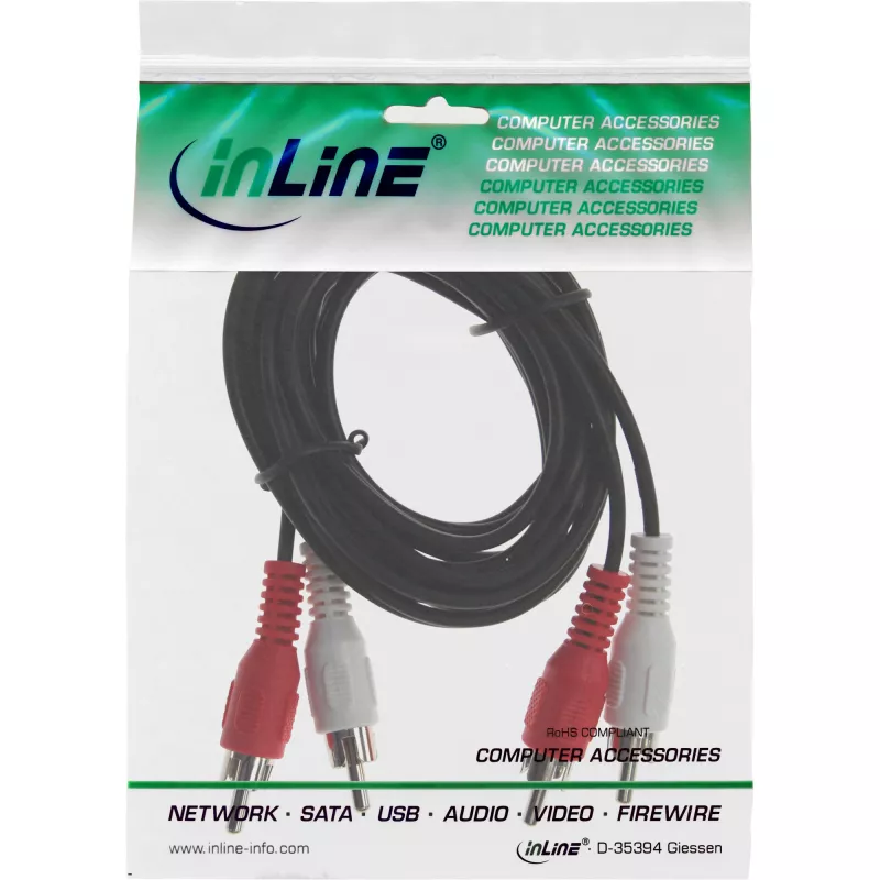 InLine audiokabel, 2x RCA M/M 20m, stekker, 2 x RCA, stekker, 20 m, zwart