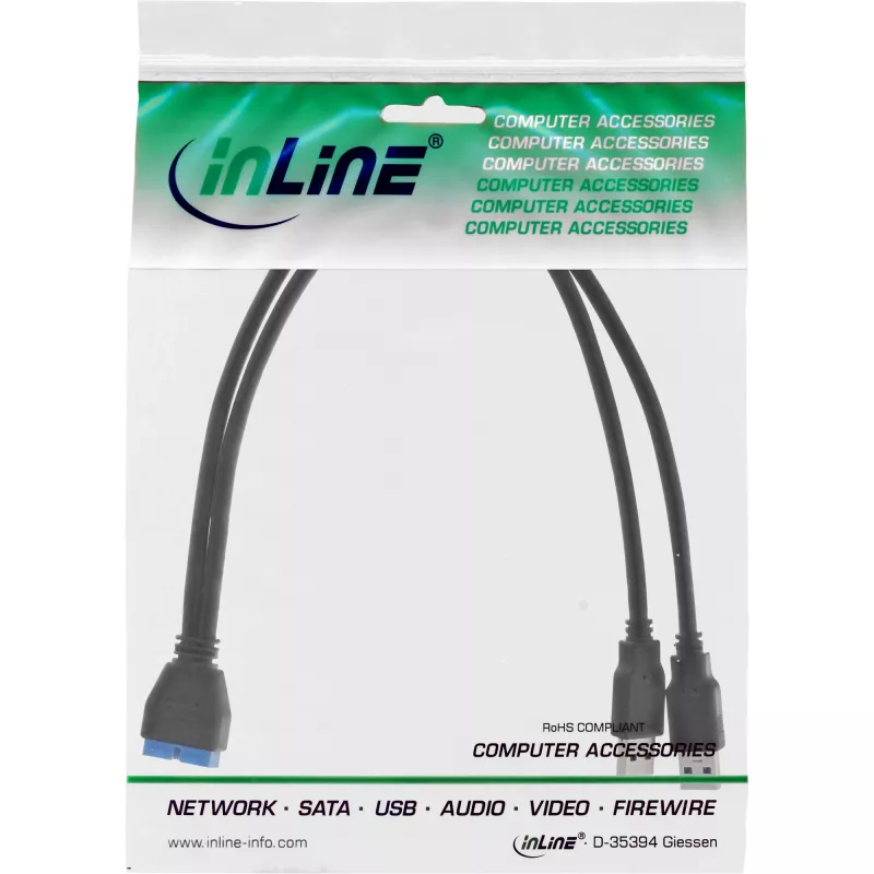 InLine USB 3.0 Premium adapterkabel 2x USB-A stekker / mainboard-header, 0,40 m