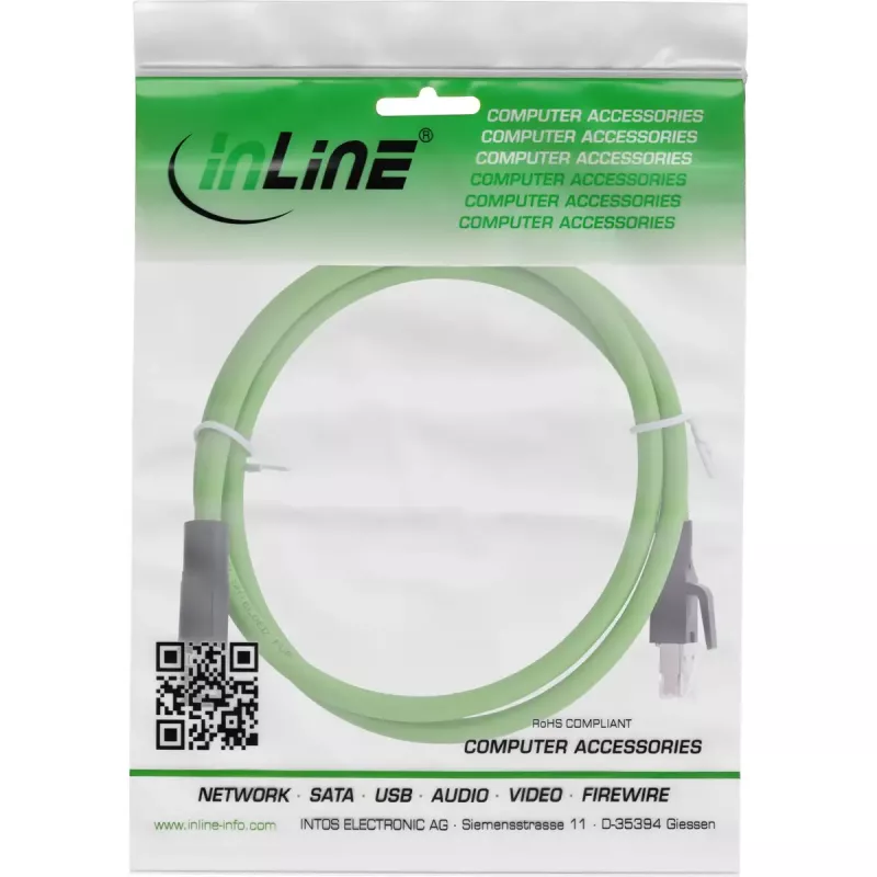 InLine industrie-netwerkkabel, M12 4-polig D-gecodeerd stekker naar RJ45, PUR 2m