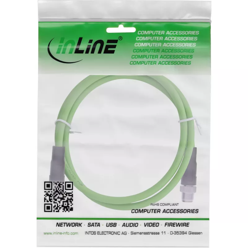 InLine industriële netwerkkabel, M12 8-polig X-gecodeerd stekker/stekker, Cat.6A PUR 15m