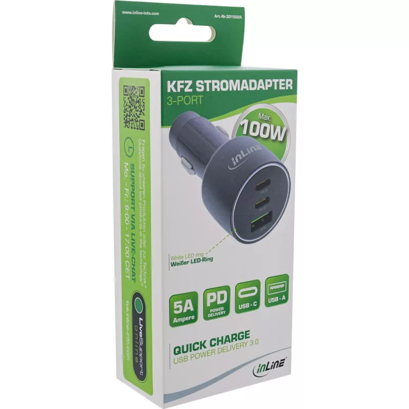 InLine USB-autolader Power Delivery, 2x USB-C + QC USB-A, zwart