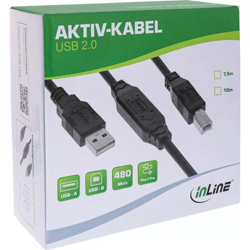 InLine USB 2.0 actieve kabel, USB-A stekker naar USB-B stekker, 7,5m