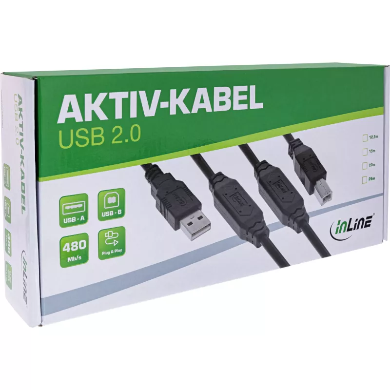 InLine USB 2.0 actieve kabel, USB-A stekker naar USB-B stekker, 25m