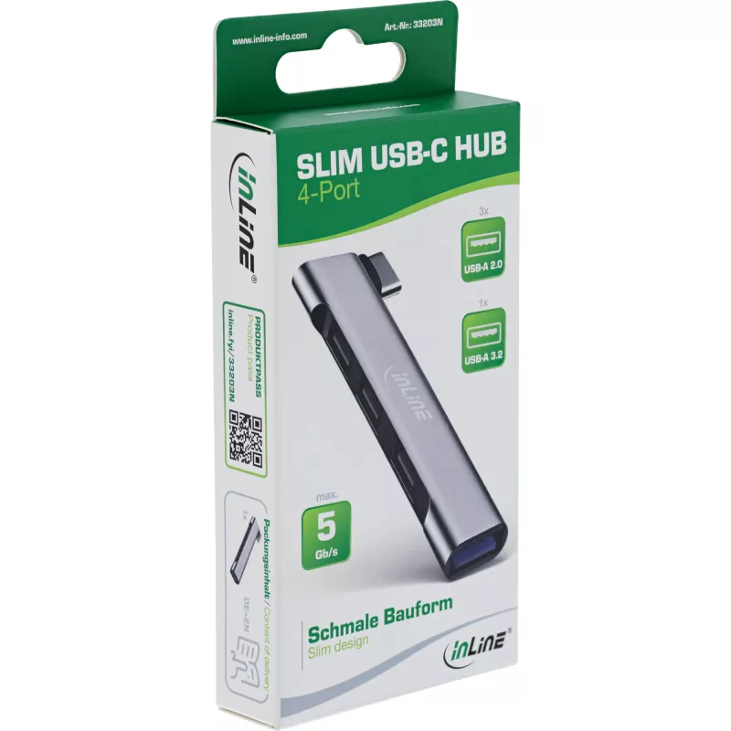 InLine slanke USB-C hub, 4-poorts, USB 3.0 + 3x USB 2.0, slank design