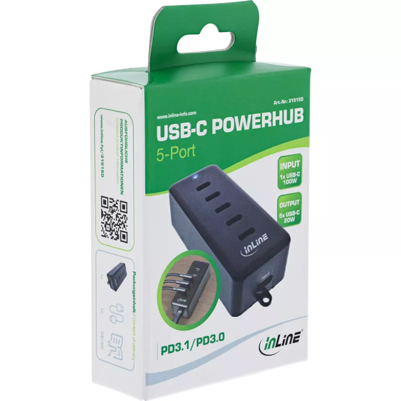 InLine USB-C uitbreiding 5-poorts 100W indoor-oplader universele compatibiliteit