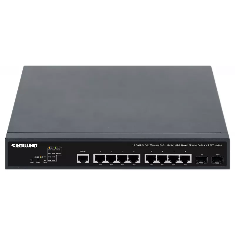 Intellinet 10-poorts L2+ Fully Managed PoE++ switch met 8 Gigabit Ethernet-poorten en 2 SFP-uplinks