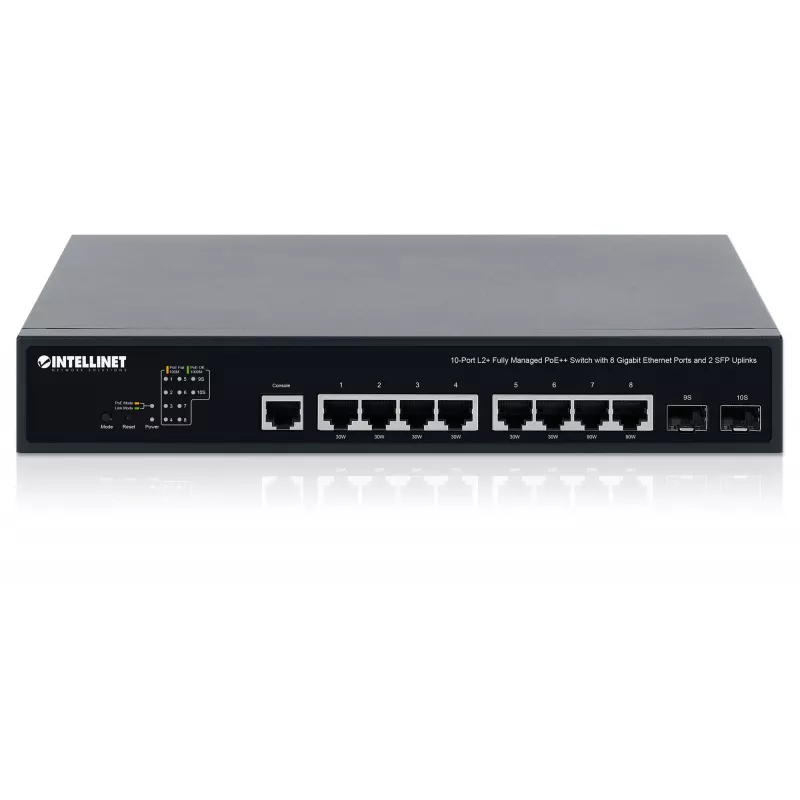 Intellinet 10-poorts L2+ Fully Managed PoE++ switch met 8 Gigabit Ethernet-poorten en 2 SFP-uplinks
