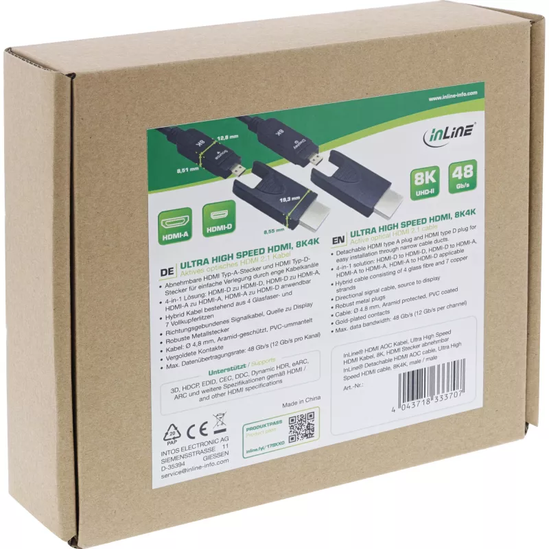 InLine HDMI AOC-kabel, Ultra High Speed HDMI, 8K4K, afneembare stekker, 10m