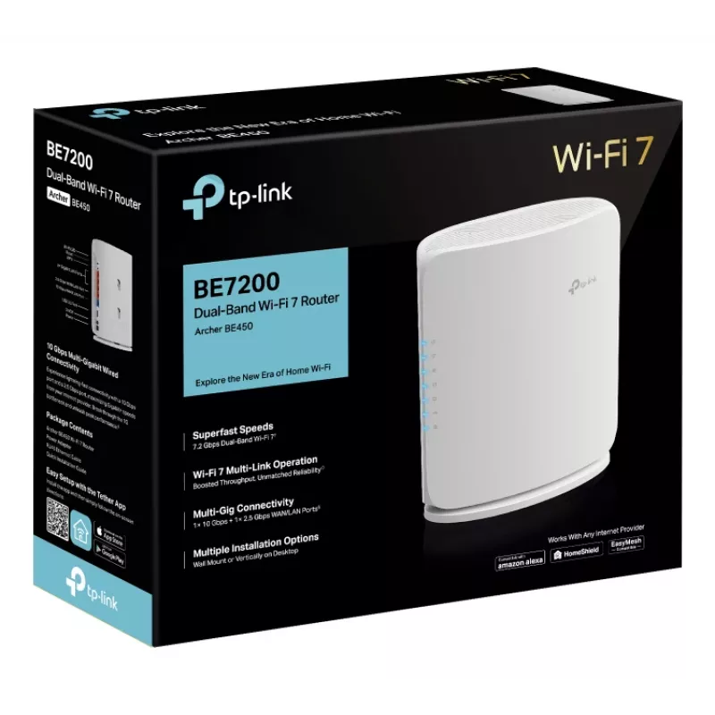 WLAN-router TP‑Link Archer BE450 — dual‑band (2,4/5 GHz), Wi‑Fi 7, Multi‑Gigabit Ethernet, 5x LAN, USB, wit