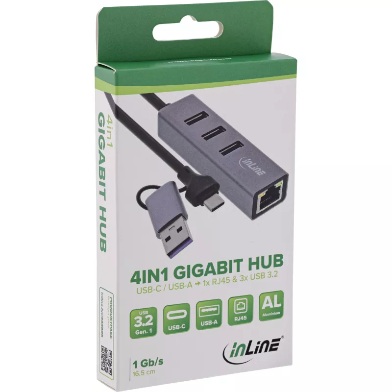 InLine 33380S Interface-hub USB 3.2 Gen 1 (3.1 Gen 1) Type-A + Type-C 5000 Mbit/s Grijs