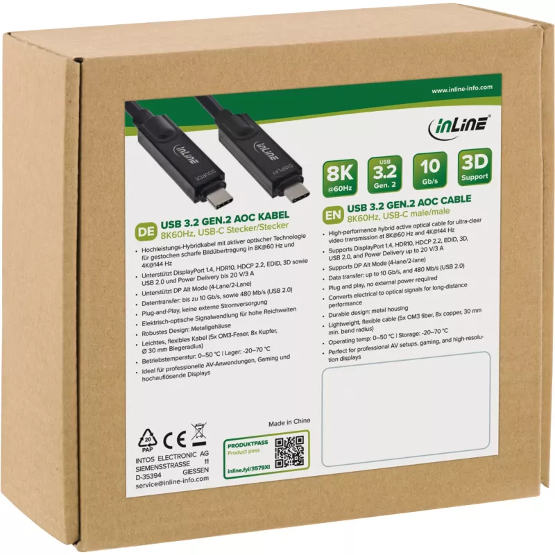 USB 3.2 Gen 2 actieve optische kabel InLine 35795I 8K60Hz, 60W stroomvoorziening