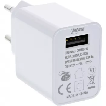 InLine USB-voeding single, 100-240V naar 5V/2,5A, wit
