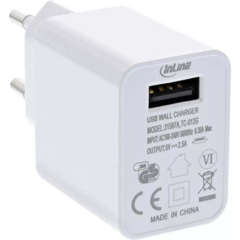 InLine USB-voeding single, 100-240V naar 5V/2,5A, wit