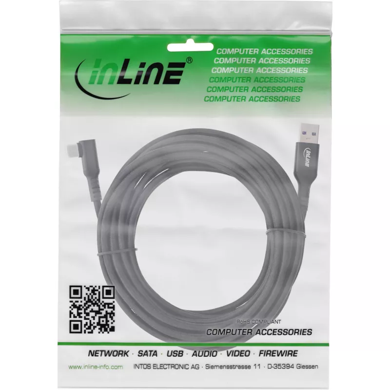 InLine USB 3.2 Gen.1-kabel, USB-C-stekker haaks - USB-A-stekker voor VR, zwart, 5 m