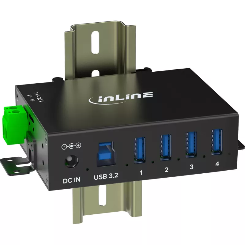 InLine 35396A industriële USB 3.2 Gen 1-hub, 4x USB-A, USB-B-hostpoort, 5 Gbit/s, aluminium behuizing, zwart, met voeding