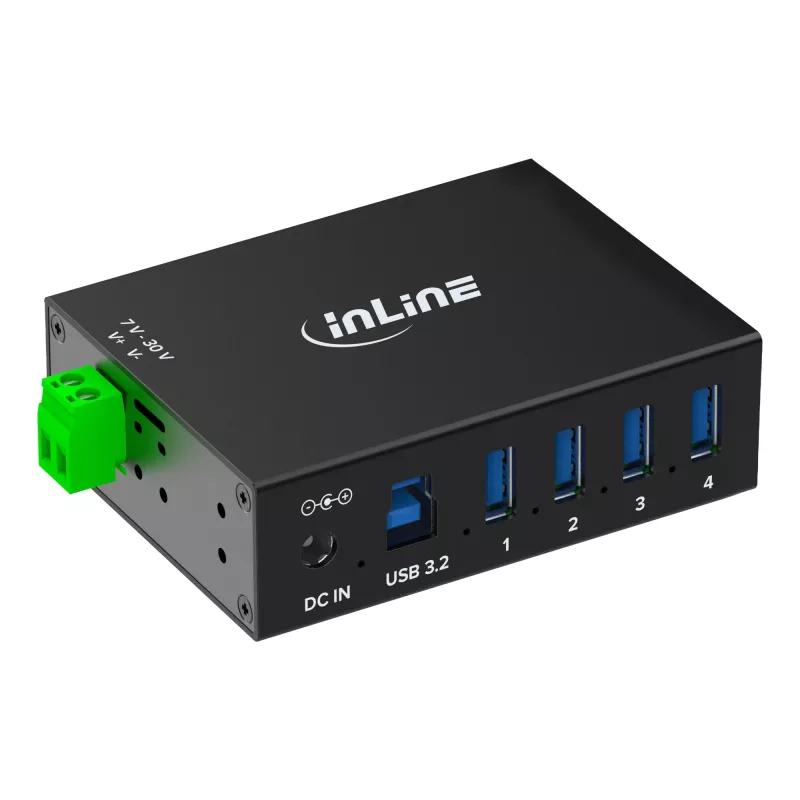 InLine 35396A industriële USB 3.2 Gen 1-hub, 4x USB-A, USB-B-hostpoort, 5 Gbit/s, aluminium behuizing, zwart, met voeding